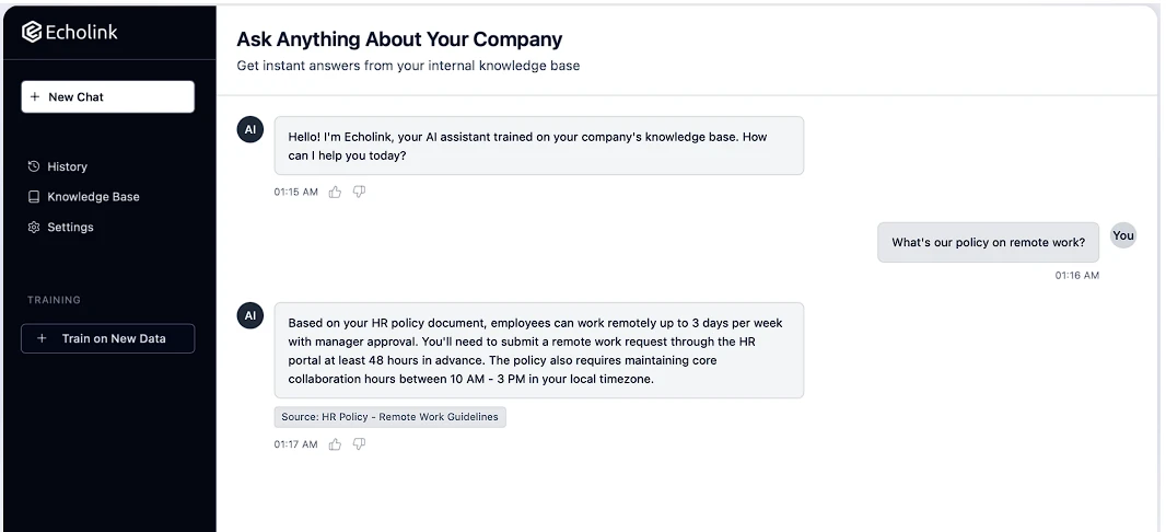 Echolink AI assistant interface showing chat conversation with company knowledge base - Ask Anything About Your Company